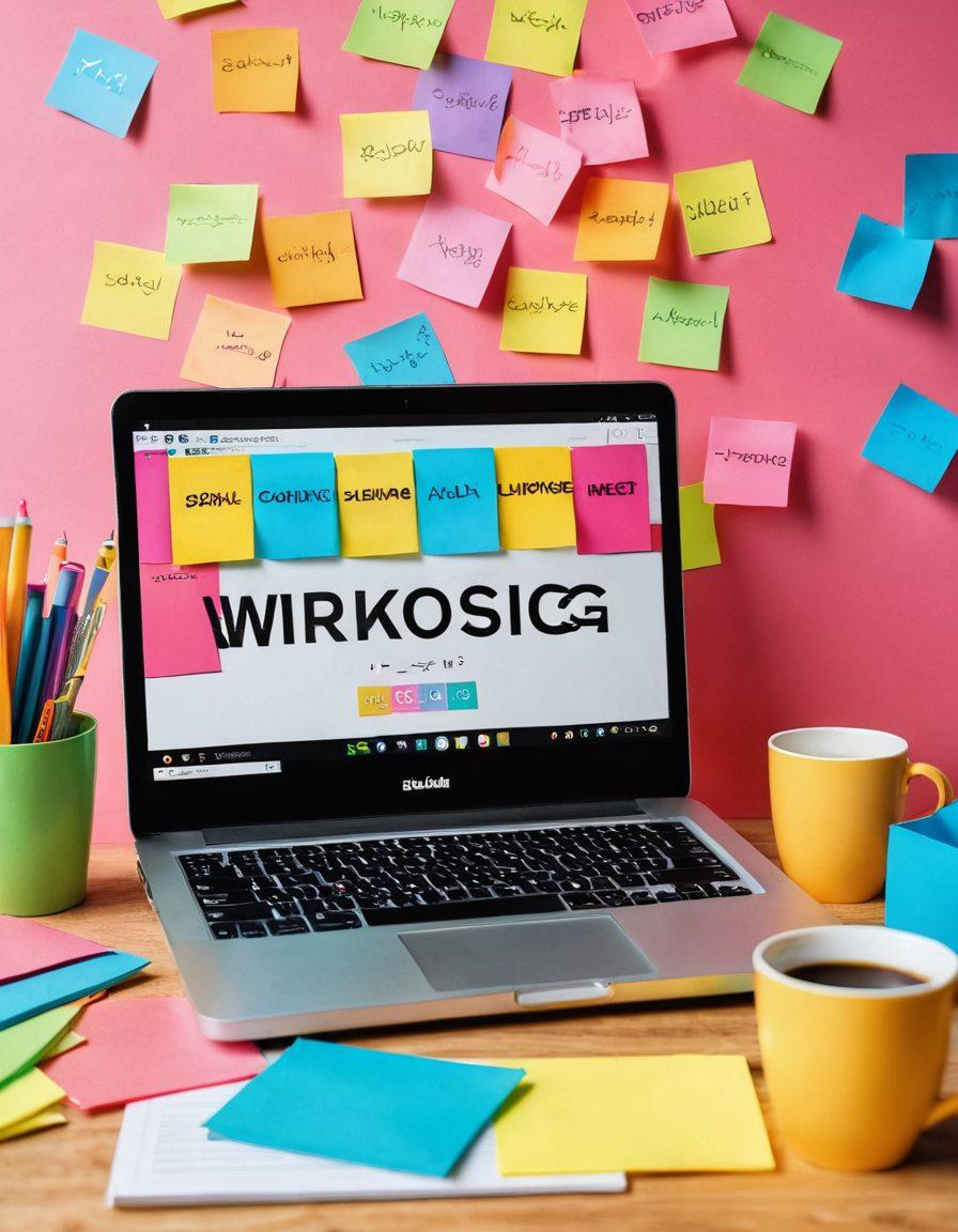 A dynamic workspace scene featuring a laptop with a vibrant adult blog website displayed, surrounded by colorful sticky notes, coffee cups, and strategy books. Include symbols of growth like a graph and dollar signs subtly integrated into the background. The atmosphere should feel energetic and inspiring, encouraging creativity and entrepreneurial spirit. 3D. vibrant colors. bright and engaging.