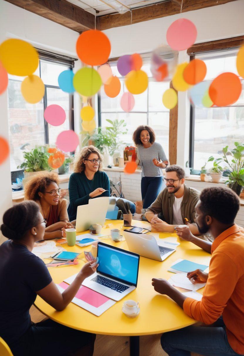 A lively and diverse group of adults engaging in a creative workshop, showcasing collaboration and interaction, surrounded by colorful conversation bubbles representing ideas being shared. The setting is warm and inviting, conveying a sense of community. Include elements like laptops, notepads, and coffee cups to emphasize the blogosphere aspect. vibrant colors. super-realistic.